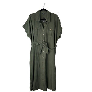 Torrid Midi Double Pucker Gauze Shirt Dress Size 00 M Olive Green Short Sleeve